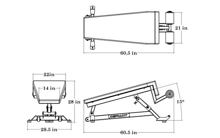 Dimension drawing of the Defiant Strength adjustable decline weight bench