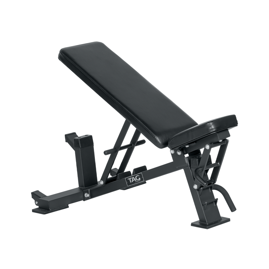 Black adjustable flat incline power bench with padded backrest, separate adjustable seat, and transport handle