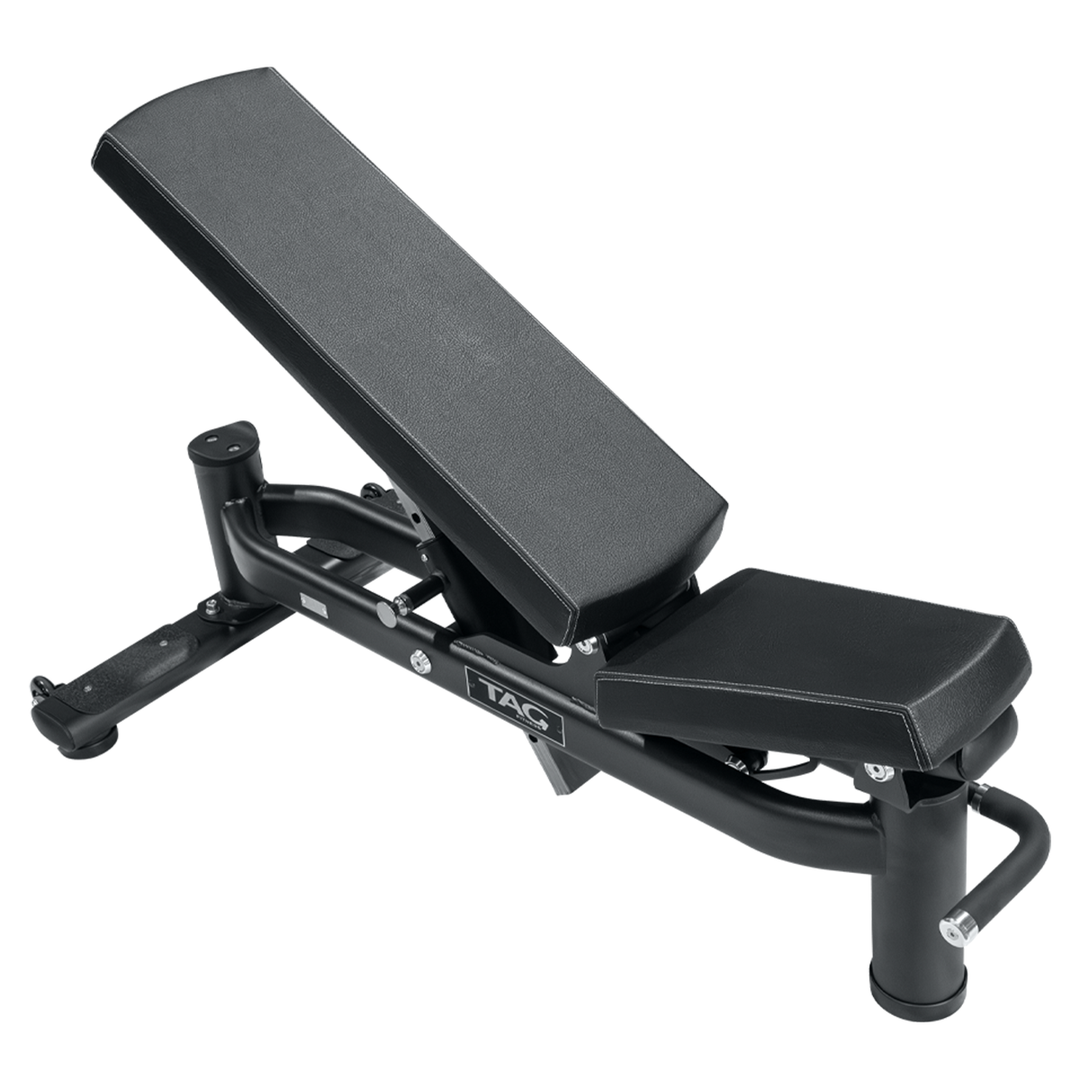 Black adjustable flat-to-incline weight bench with padded backrest, seat, transport wheels, and handle