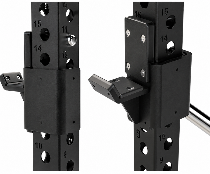 Pair of adjustable J-hooks compatible with 3 × 3-inch uprights on the Defiant Strength half rack.
