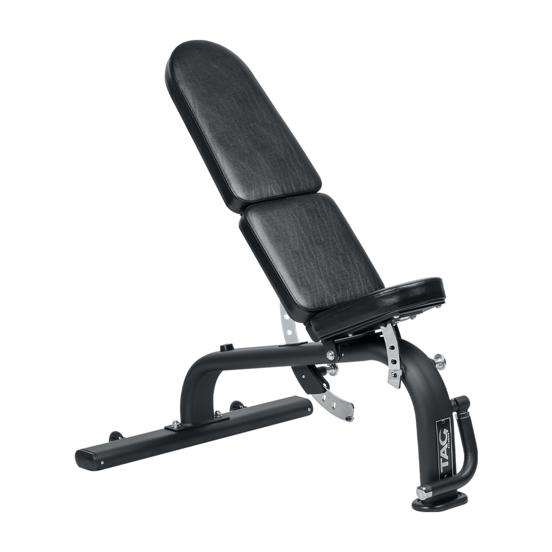 Black adjustable power bench shown in an incline position with padded backrest and transport wheels