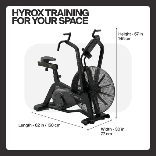 Dimensions of the Centr x HYROX Perform Series air bike with compact footprint measurements.