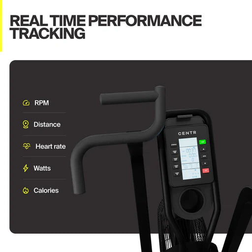 LCD performance console on the Centr x HYROX Perform Series air bike displaying workout metrics.