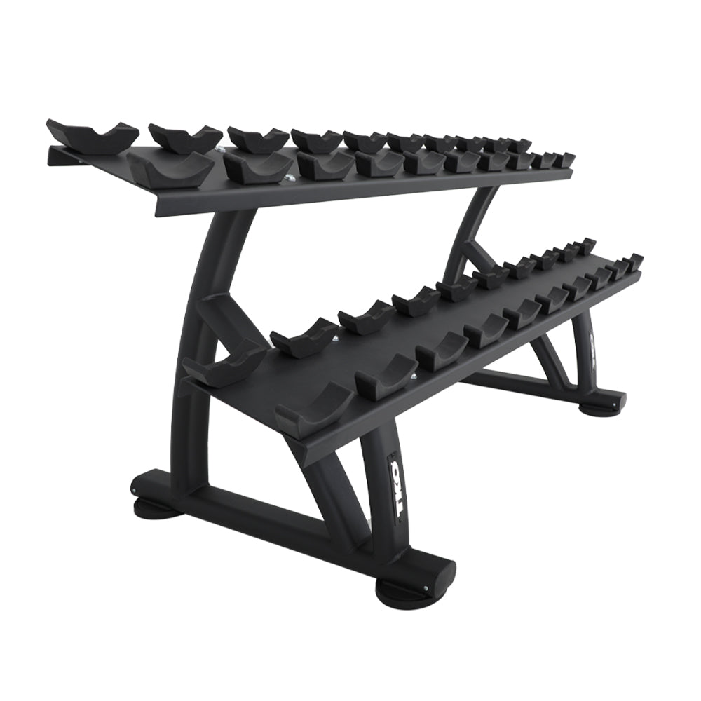 Angled view of two-tier TKO dumbbell storage rack