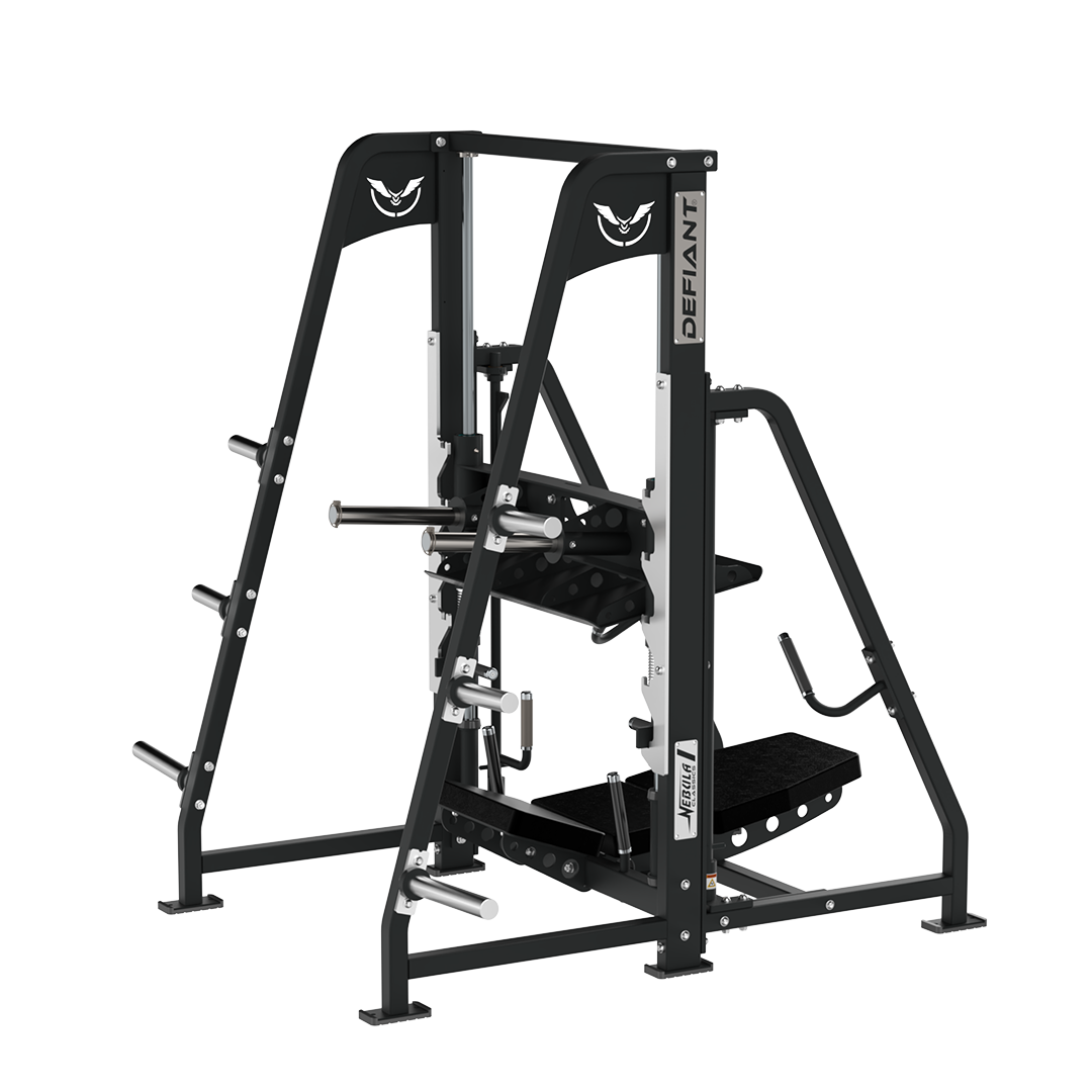 Angled view of the Defiant Strength vertical leg press showing frame and footplate.