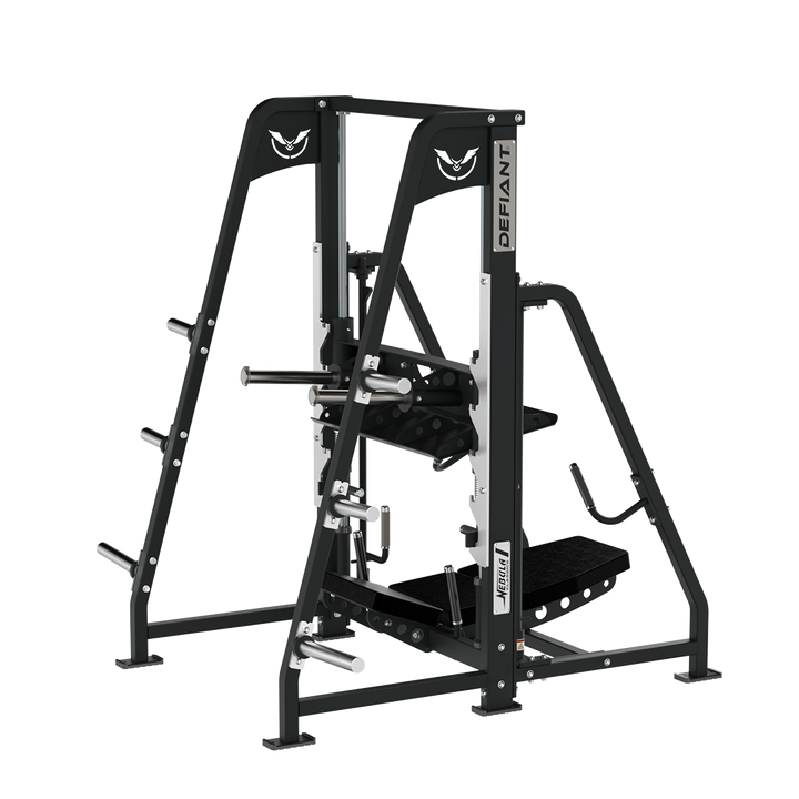 Angled view of the Defiant Strength vertical leg press showing frame and footplate.