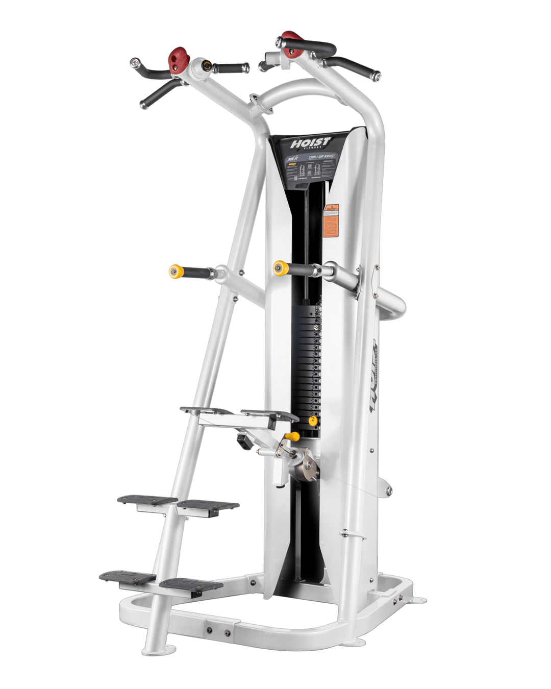 full height view of chin dip assist machine highlighting pull-up bars, dip handles, and assist platform