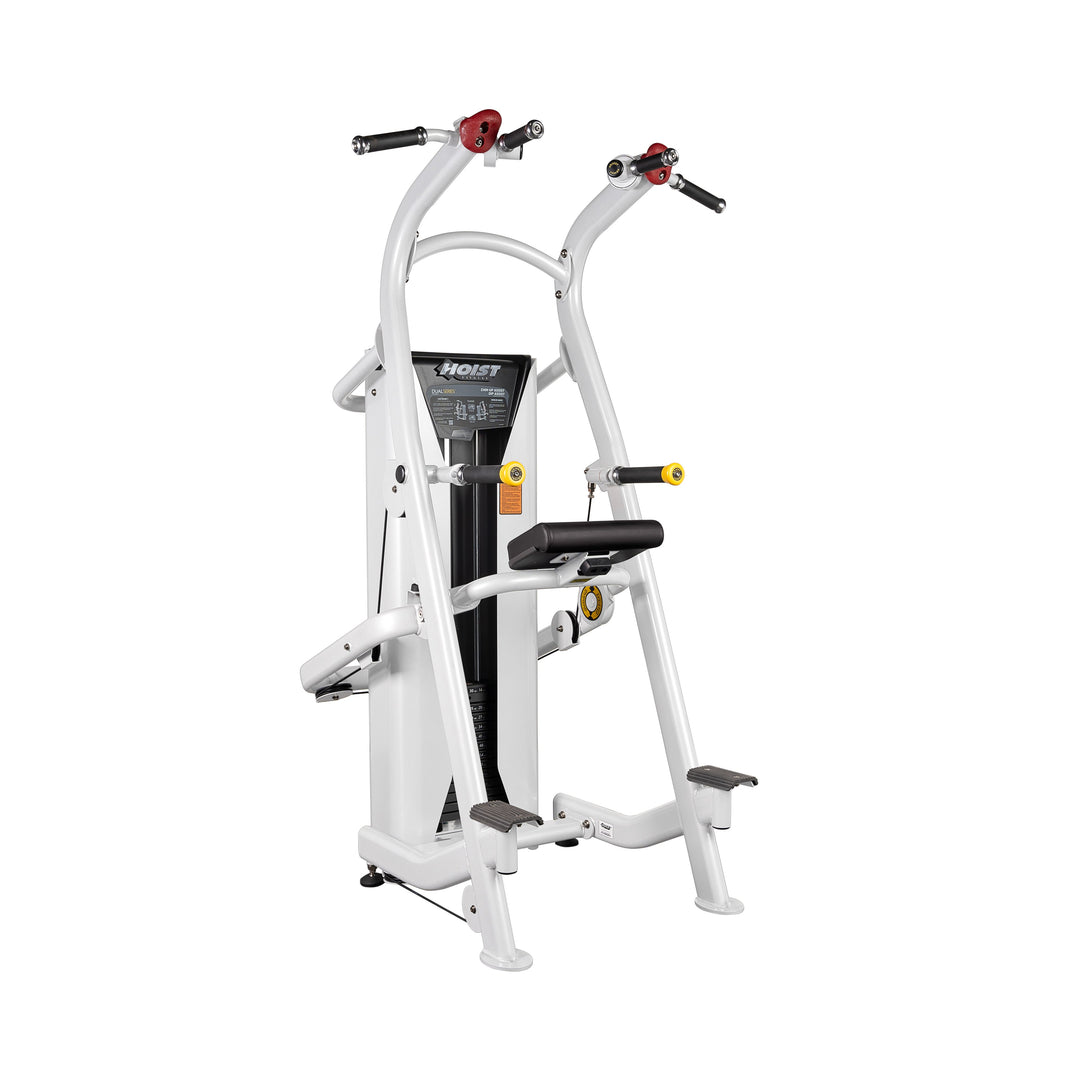 angled view of chin dip assist machine showing multi grip pull-up handles and dip bars