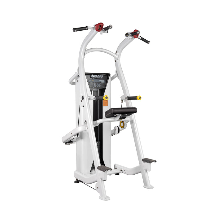angled view of chin dip assist machine showing multi grip pull-up handles and dip bars