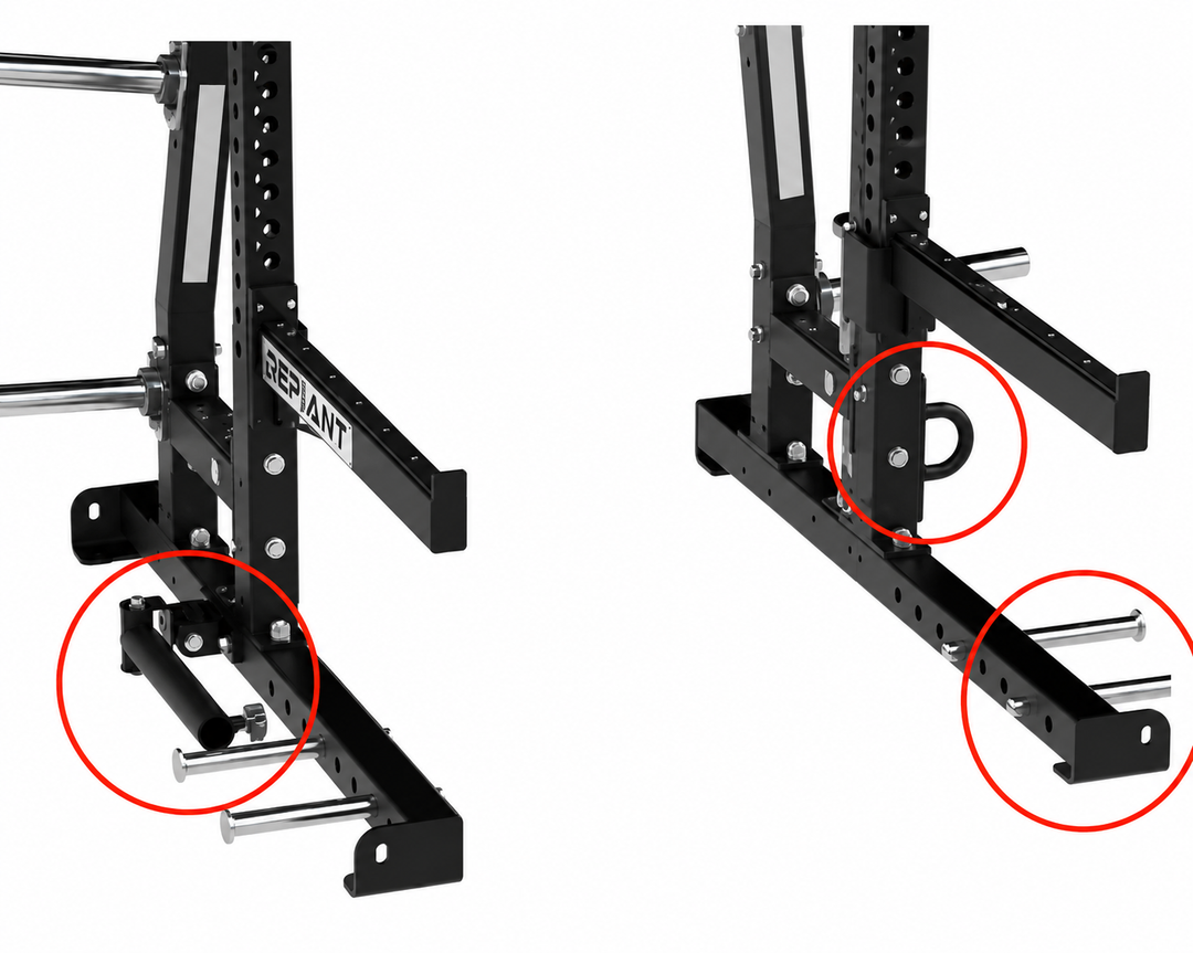 Optional battle rope anchor and band peg mounting points for the Defiant Strength half rack.