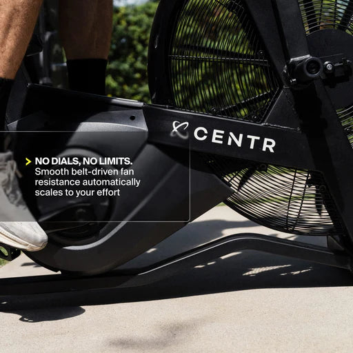 Belt-driven fan resistance system on the Centr x HYROX Perform Series air bike.