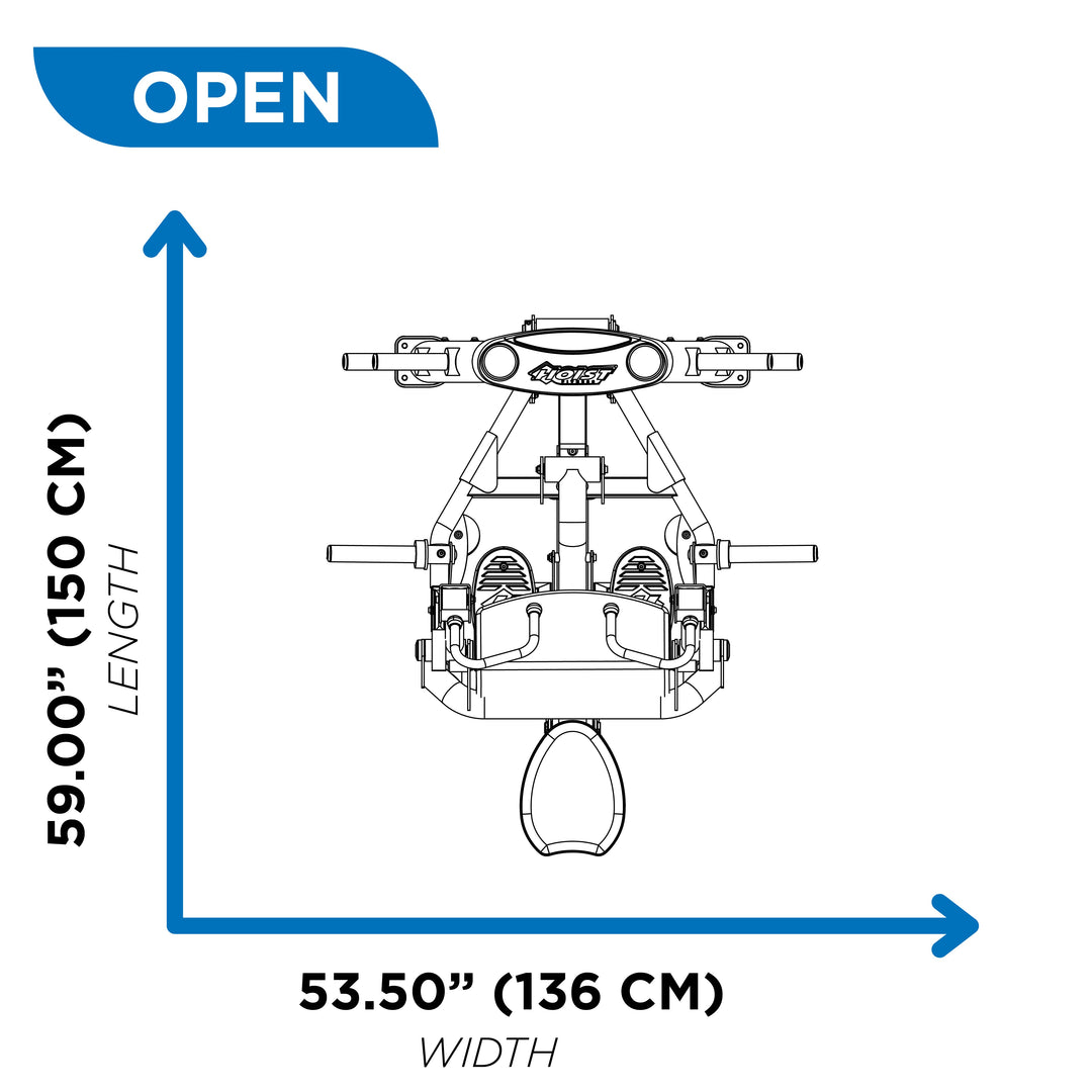 overhead diagram showing open footprint of biceps curl machine at 59.00 inch length and 53.50 inch width