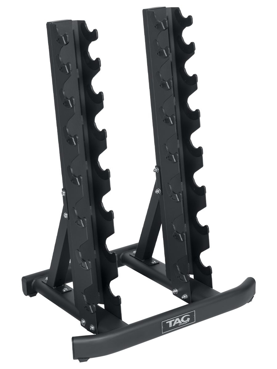 Black vertical hex dumbbell rack with two storage columns designed for compatible 3-25 lb or 5-40 lb dumbbell sets