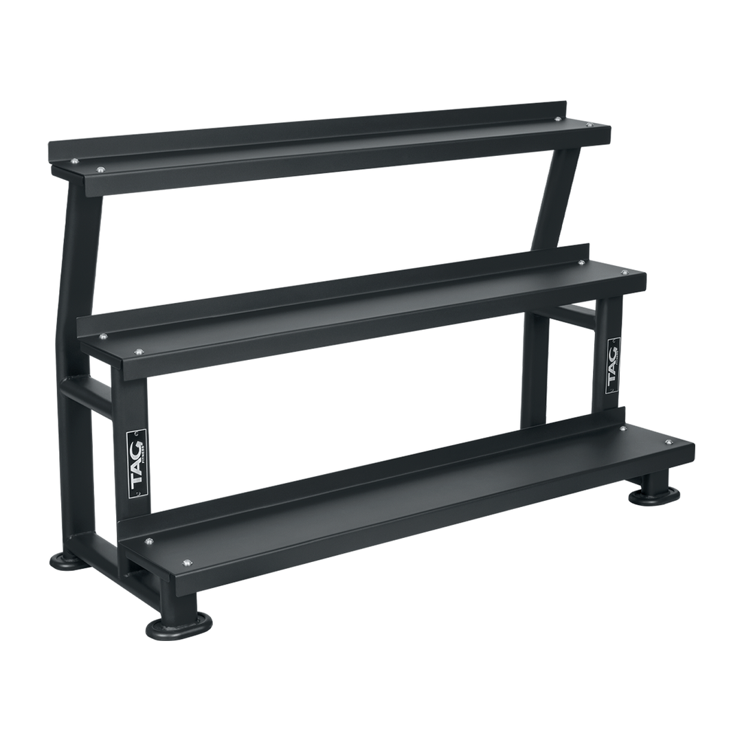 Black 3 Tier multi-equipment storage rack with two storage levels for kettlebells, dumbbells, slam balls, or wall balls