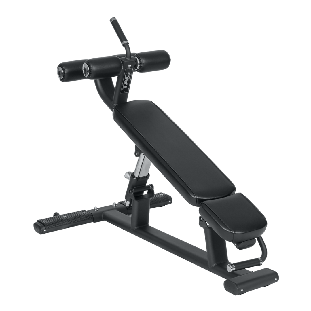 Black adjustable decline bench with padded backrest, steel frame, transport wheels, and handle