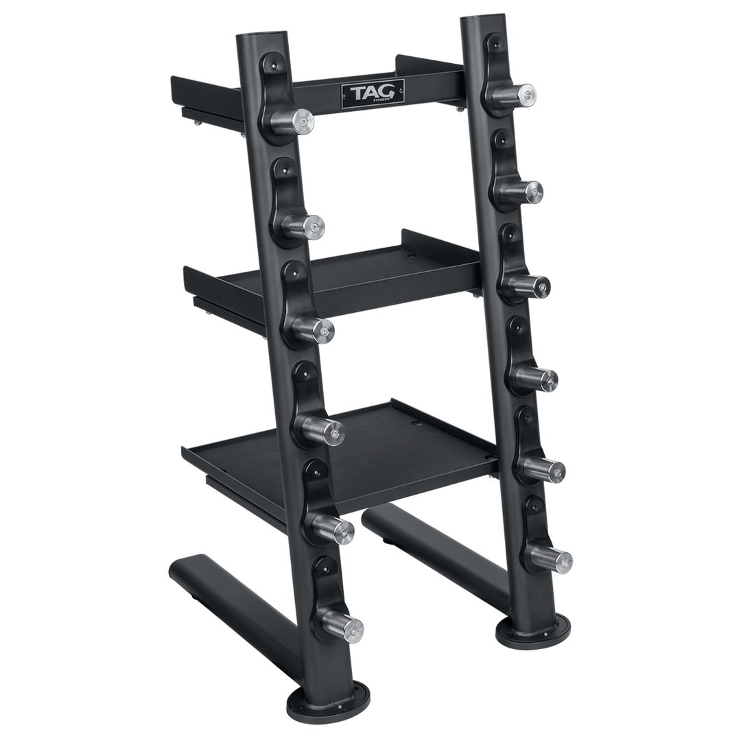 Black freestanding fitness accessory storage rack with multiple shelves and side holders for gym attachments