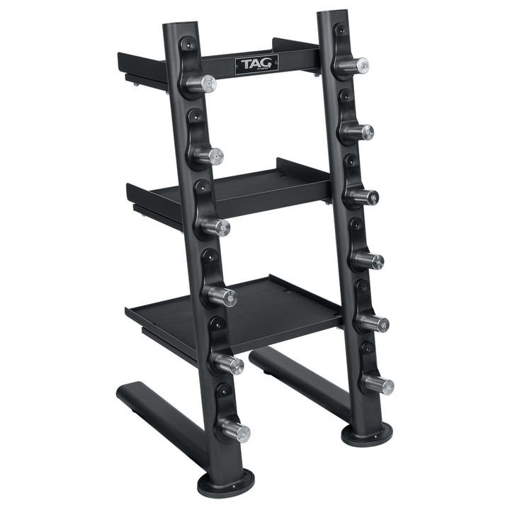 Black freestanding fitness accessory storage rack with multiple shelves and side holders for gym attachments