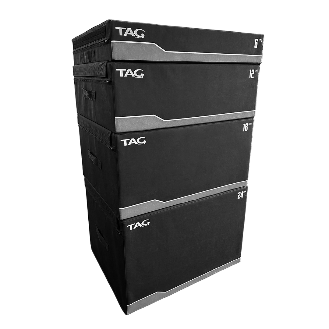 Black four-piece plyo stack set with stacked vinyl-covered foam sections and securing straps