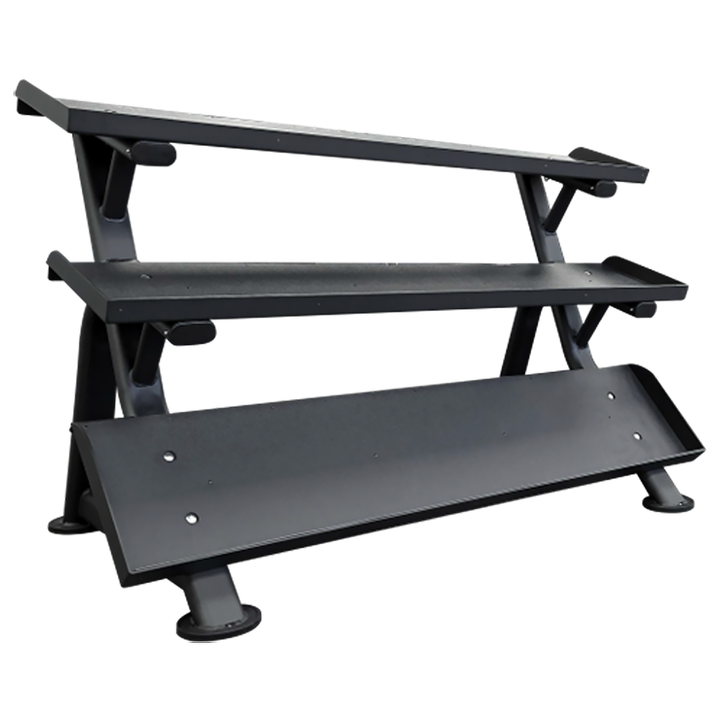 Black three-tier hex dumbbell storage rack designed to hold a 5-75 lb hex dumbbell set