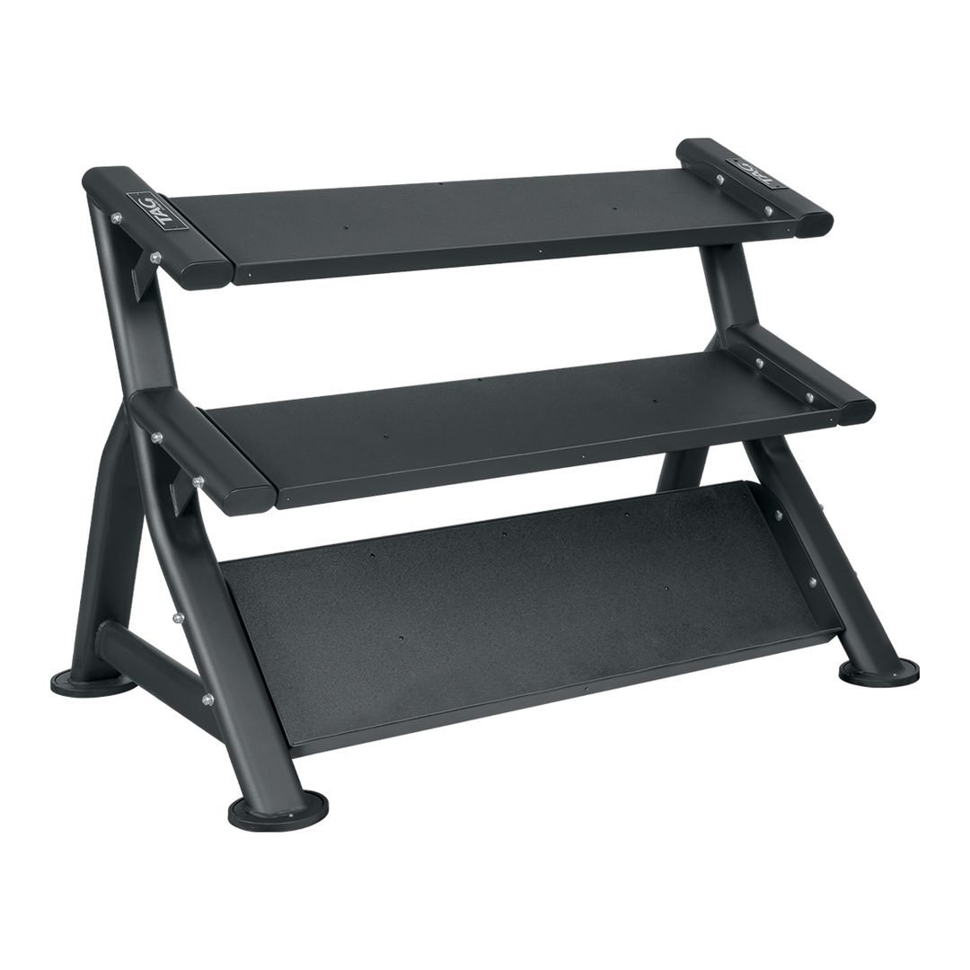 Black three-tier hex dumbbell storage rack with wide trays for organized dumbbell storage