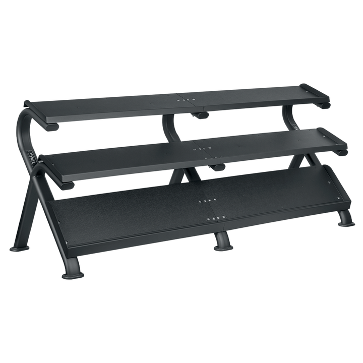 Black multi-tier  mega hex dumbbell storage rack designed to hold a 5-100 lb hex dumbbell set