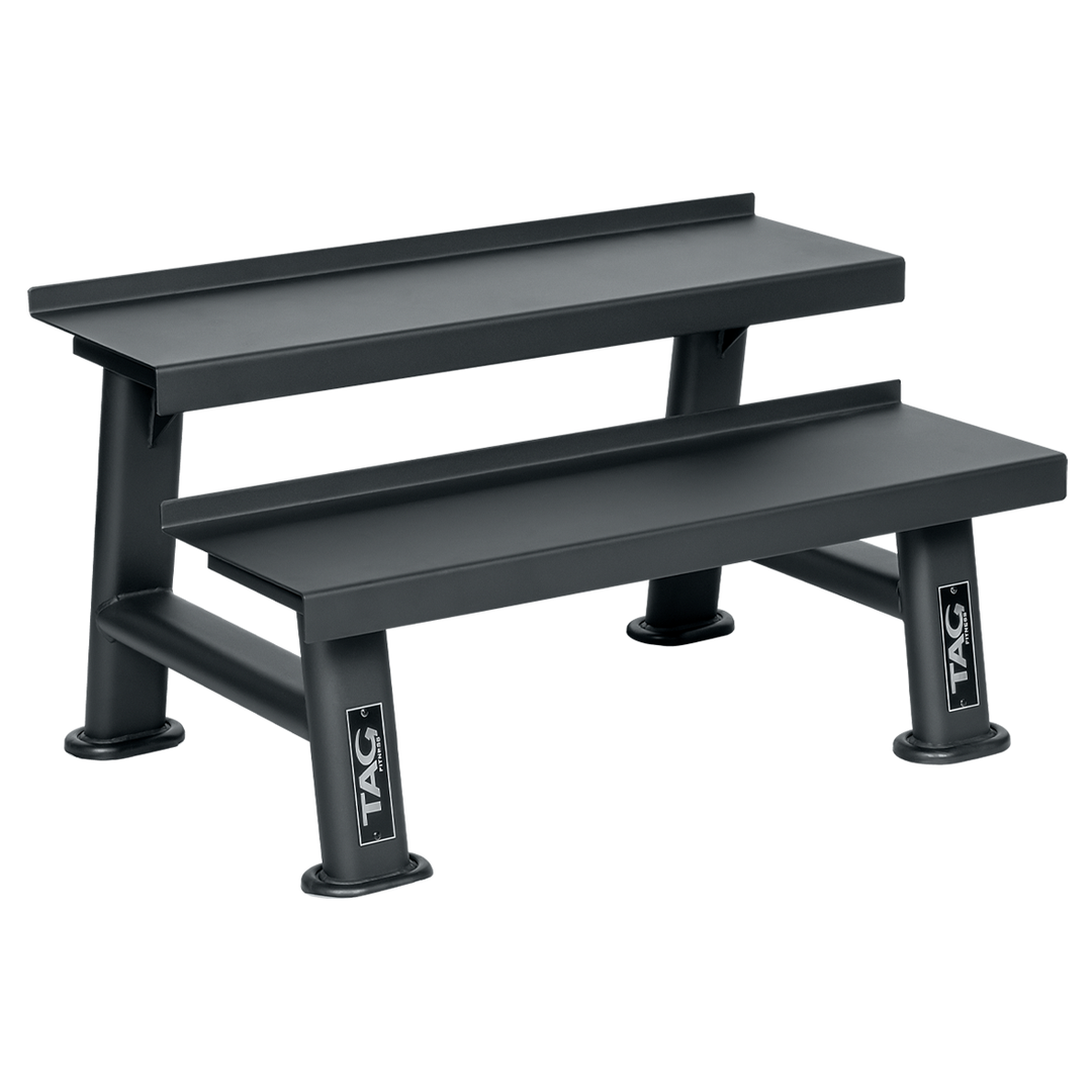 Black multi-equipment storage rack with two storage levels for kettlebells, dumbbells, slam balls, or wall balls