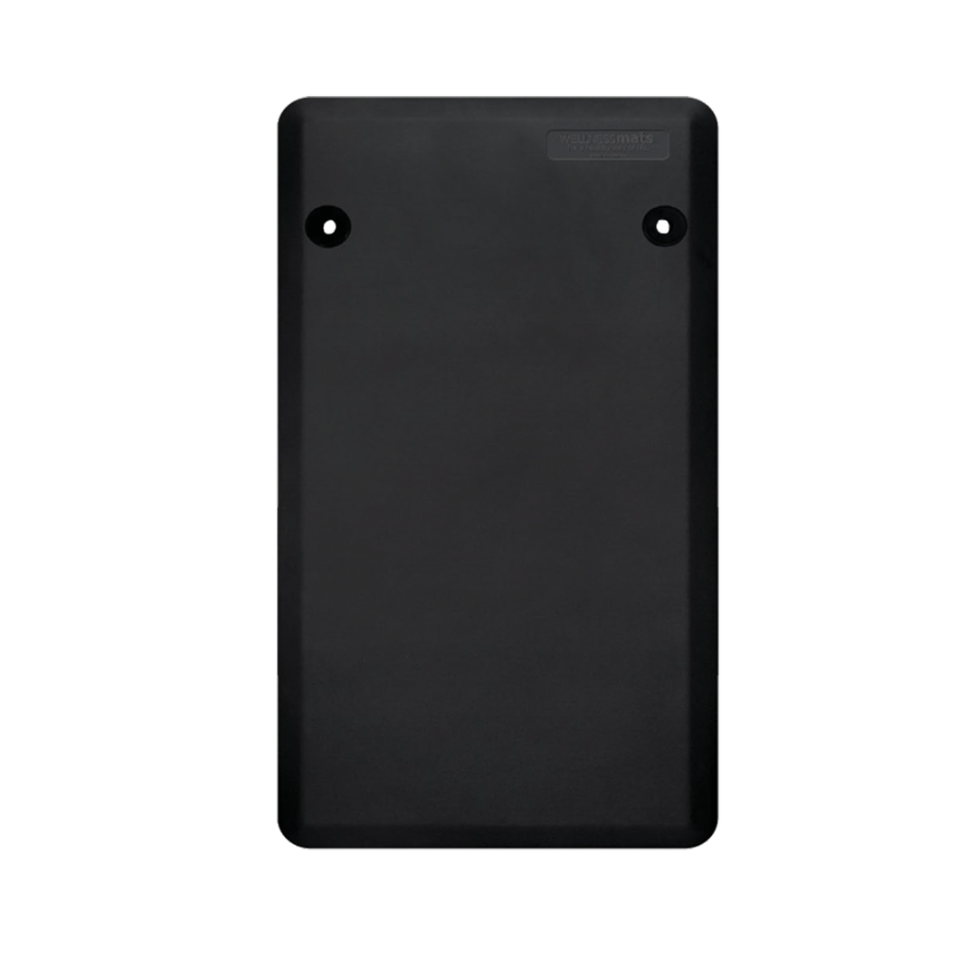 Black polyurethane fitness mat with rectangular design and two visible hanging holes