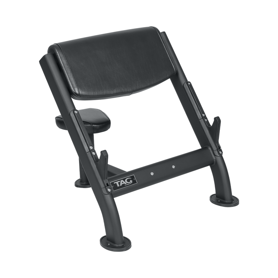 Black preacher bench front view showing the wide arm pad, mainframe, and base