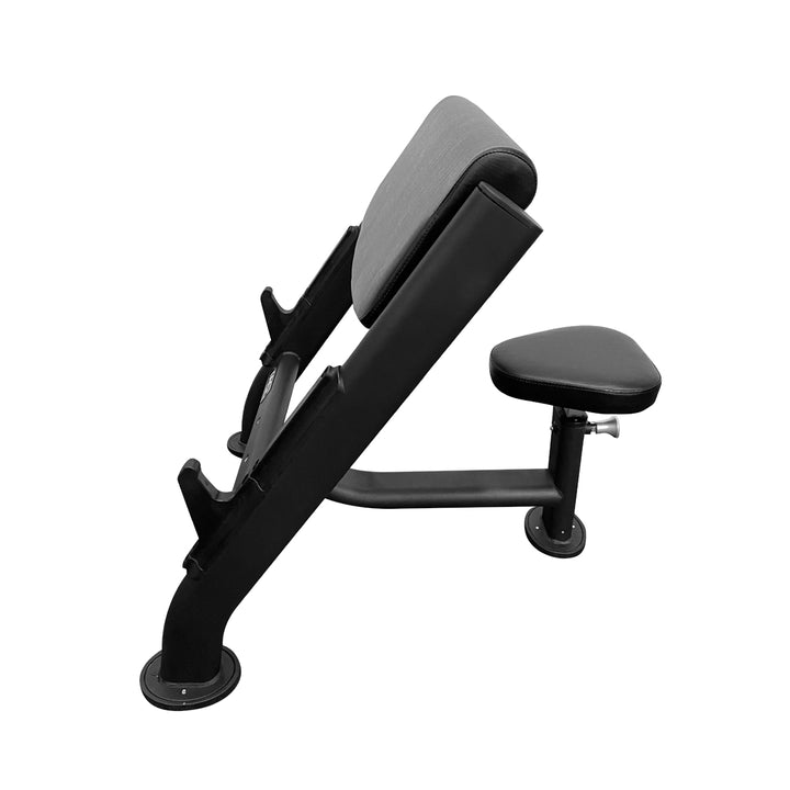 Black preacher bench side view showing the angled arm pad, seat, frame, and base