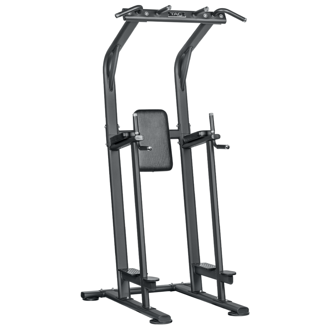 Black pull-up and dip station with padded backrest, parallel dip bars, and integrated pull-up and chin-up bar