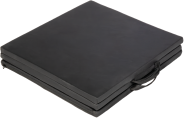Black tri-fold exercise mat folded flat for compact storage