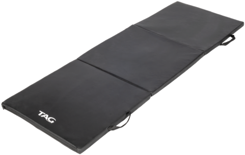 Black 73 inch tri-fold exercise mat fully unfolded with three folding sections