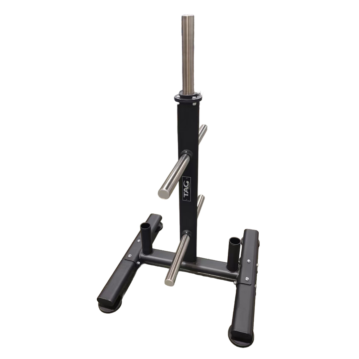 Black freestanding weight plate storage rack with vertical and angled storage posts for 17.5-inch plates