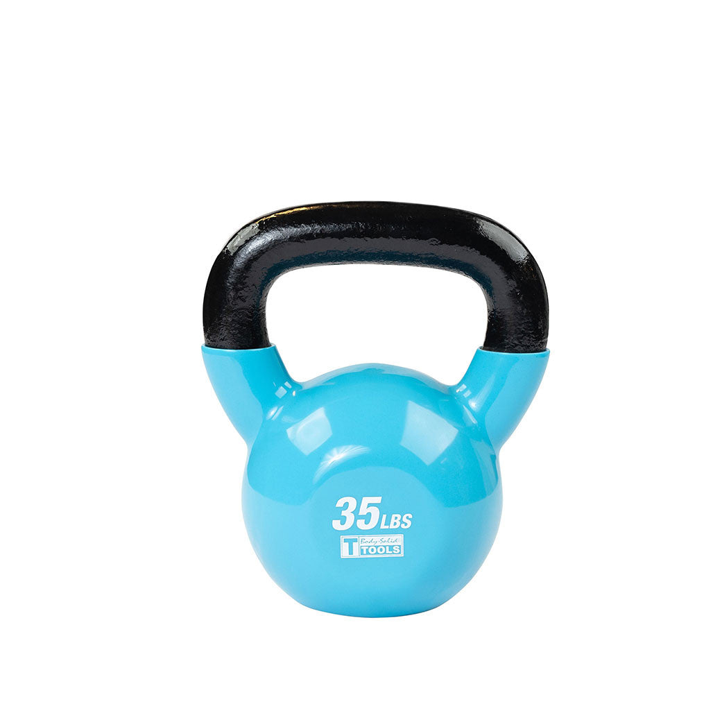 Blue 35 lb kettlebell with black handle