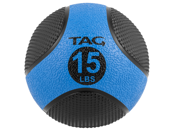Blue and black size 15 medicine ball with textured grip surface