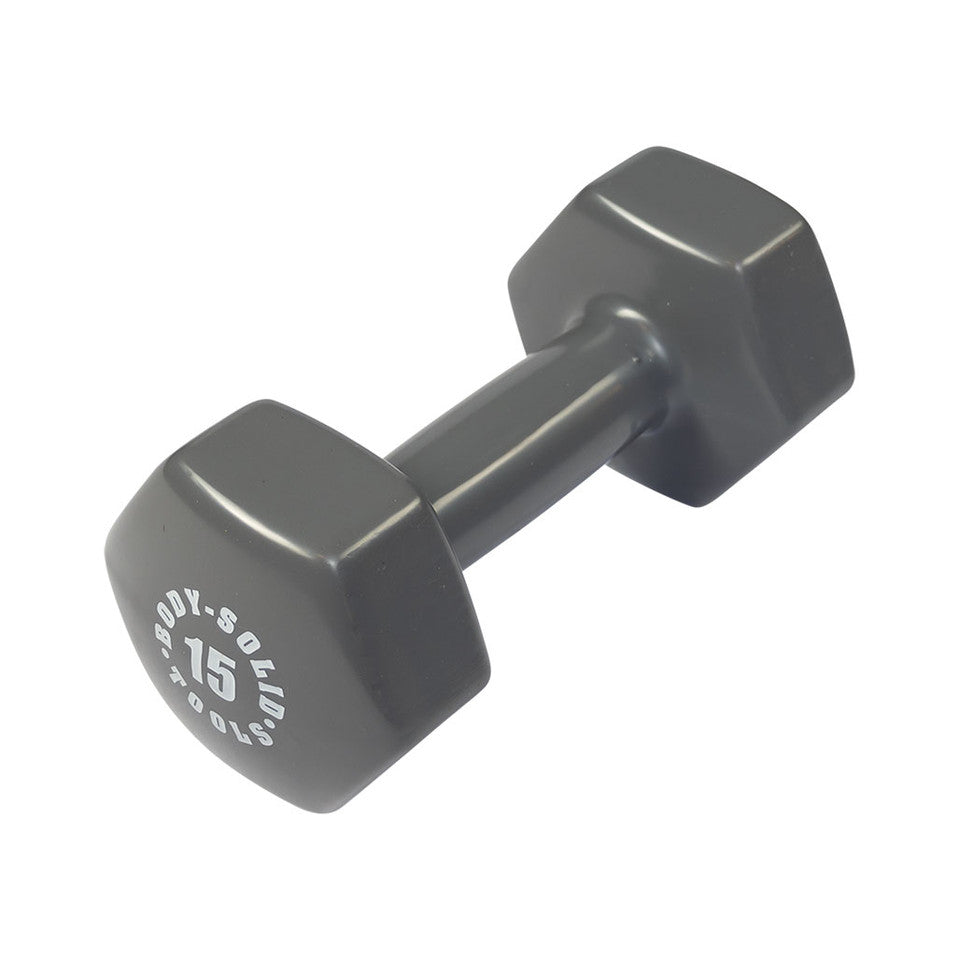 Body-Solid BSTVD15 gray 15 lb vinyl dumbbell with no-roll hex ends