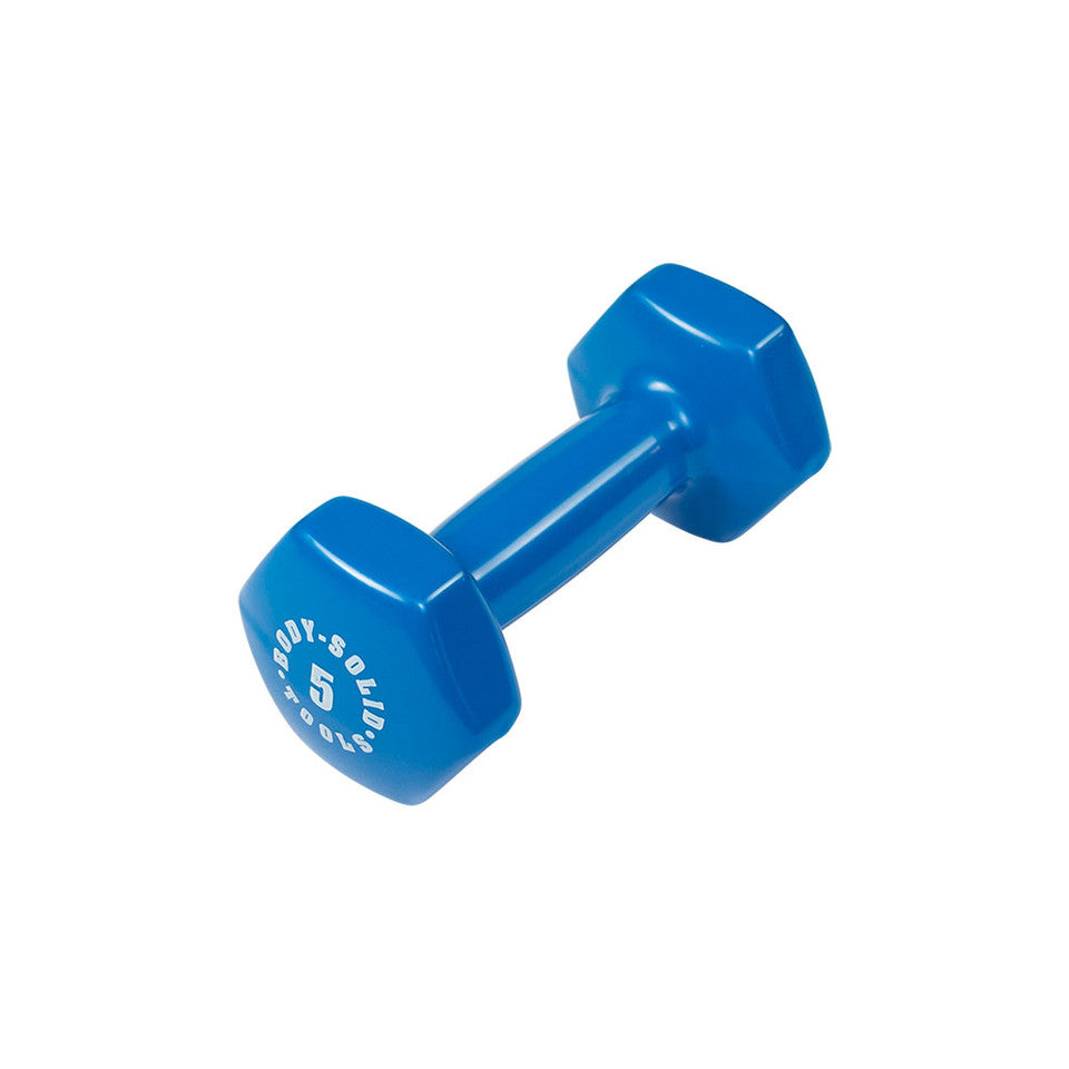Body-Solid BSTVD5 blue 5 lb vinyl dumbbell with no-roll hex ends
