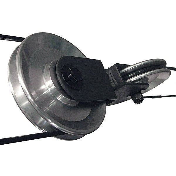 Body-Solid AP4 aluminum pulley installed on a cable machine with cable attached.