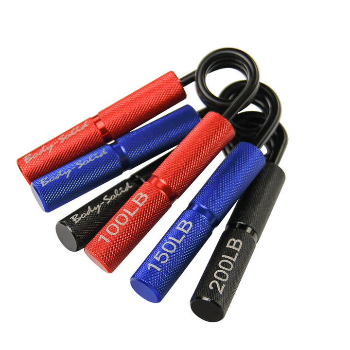 Body-Solid aluminum grip trainers available in 100 lb, 150 lb, and 200 lb resistance levels.