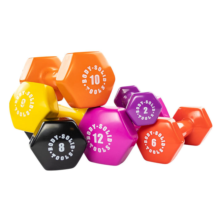 Body-Solid BSTVD color-coded vinyl hex dumbbells in assorted weights and colors