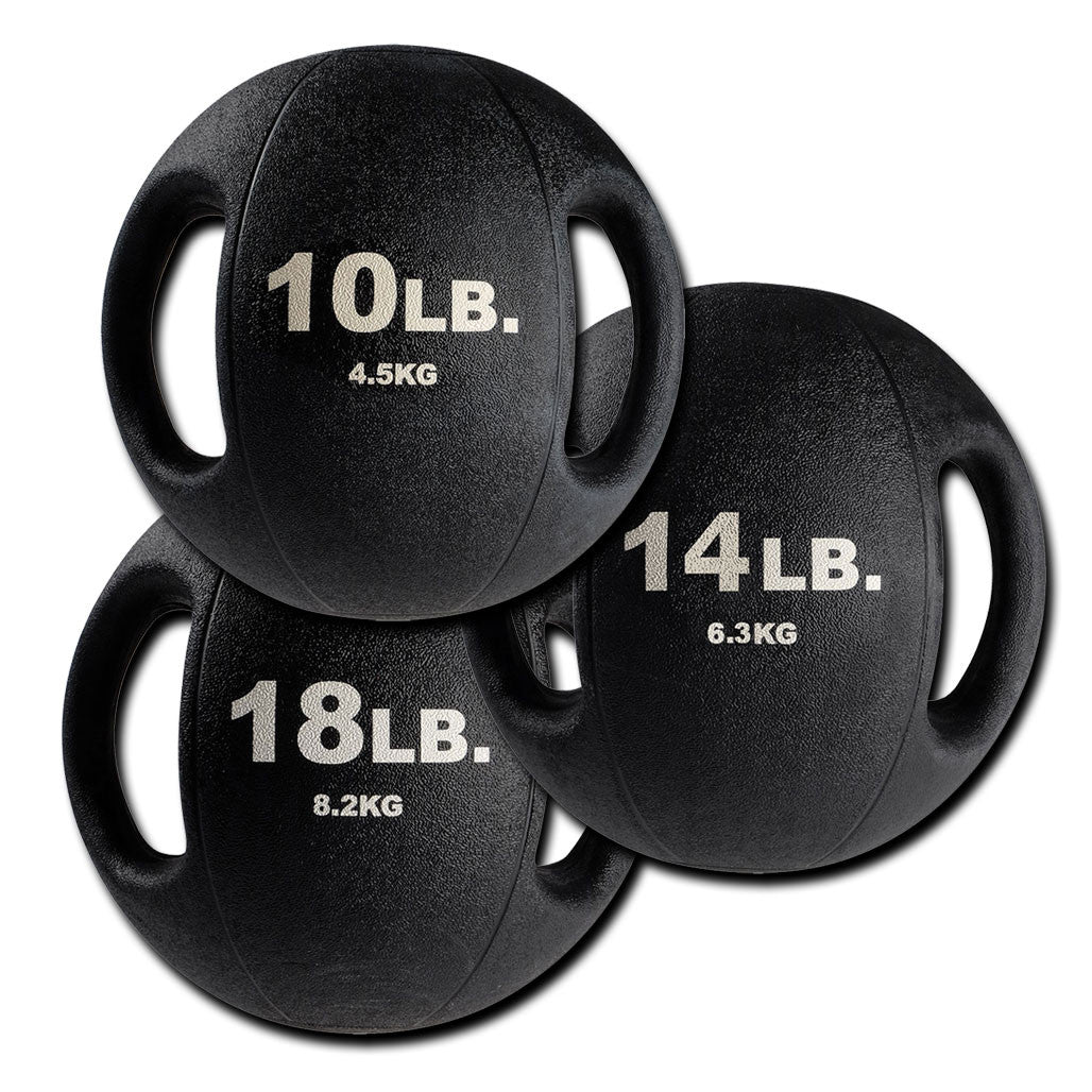 Body-Solid dual grip medicine balls available in multiple weight options with integrated handles.