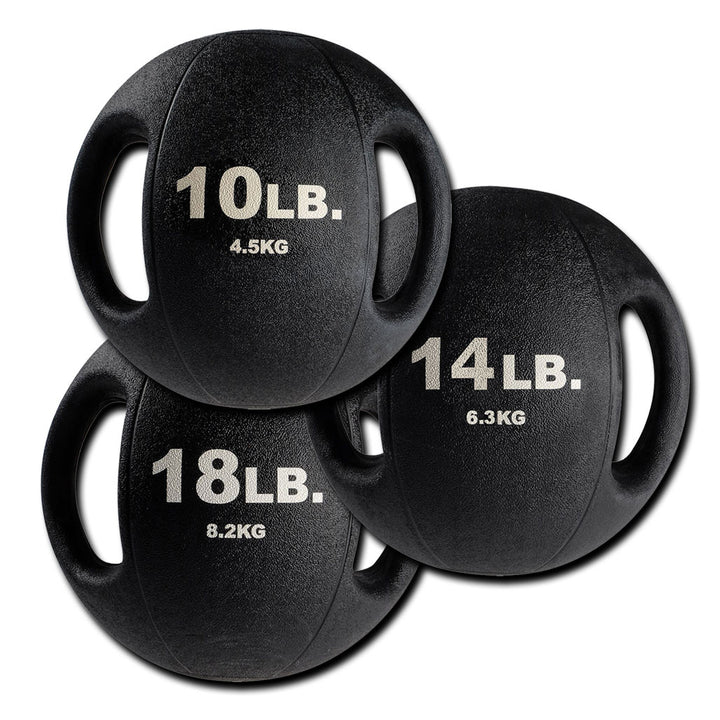 Body-Solid dual grip medicine balls available in multiple weight options with integrated handles.