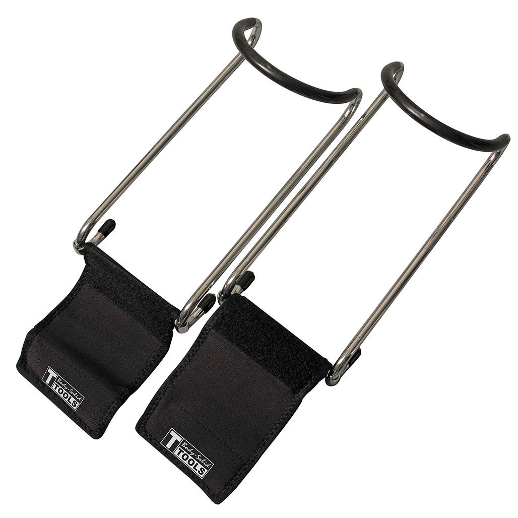 Body-Solid dumbbell spotter hooks with steel hooks, Velcro straps, and rubber protective caps.