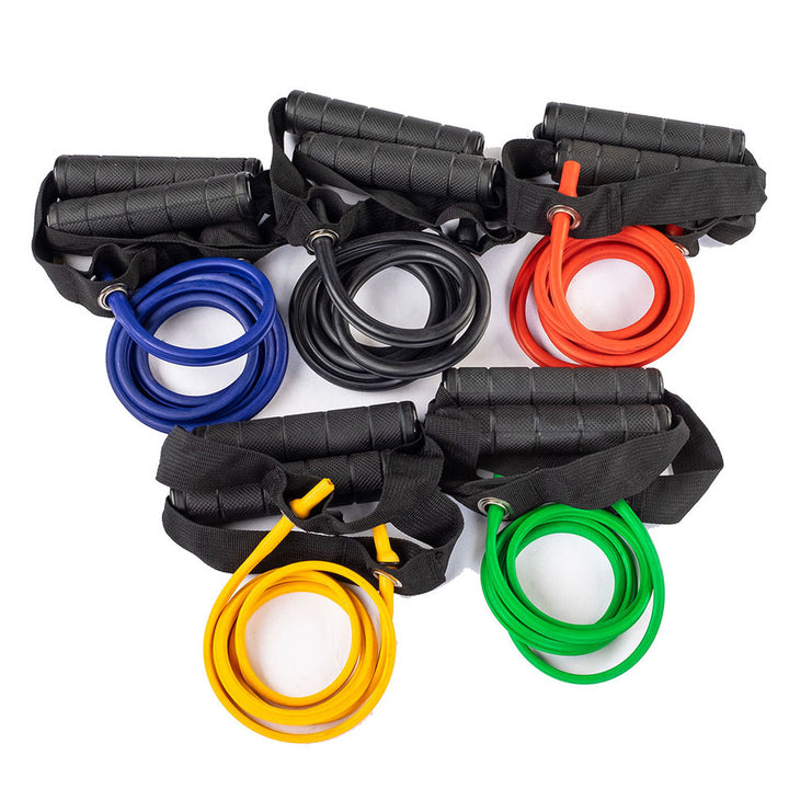 Set of five Body-Solid resistance tubes with handles in color-coded resistance levels