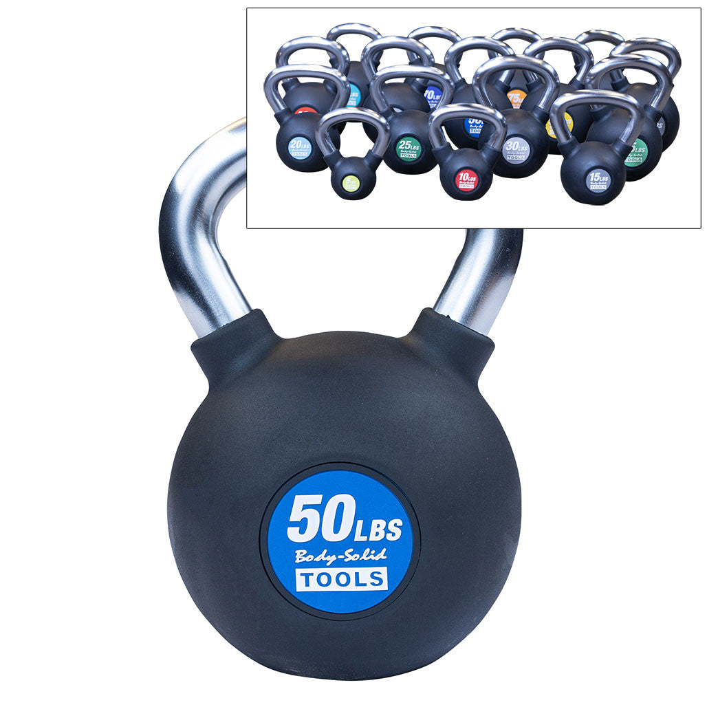 Body-Solid KBZ rubber-coated kettlebells with chrome handles in assorted weights