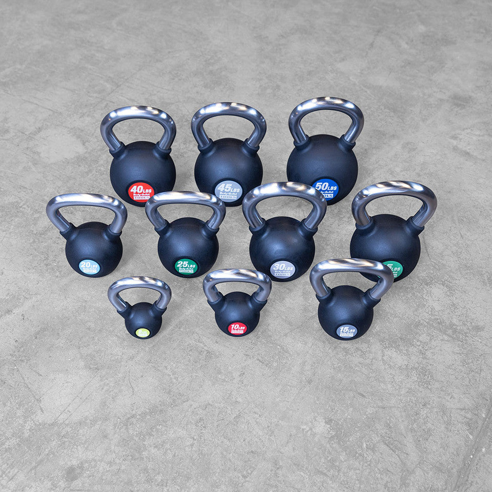 Body-Solid KBZ set of ten rubber-coated kettlebells with chrome handles