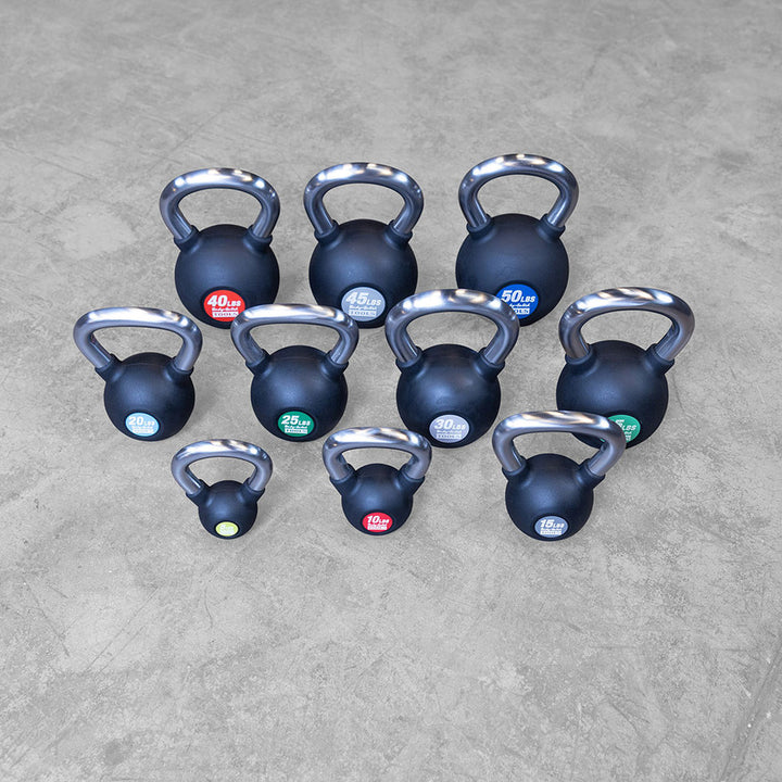Body-Solid KBZ set of ten rubber-coated kettlebells with chrome handles