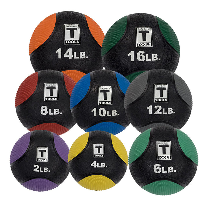 Body-Solid premium medicine balls in multiple weight options with color-coded panels.