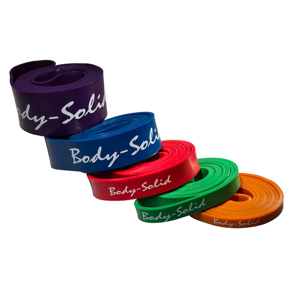 Body-Solid resistance loop bands in multiple resistance levels for strength and mobility training.