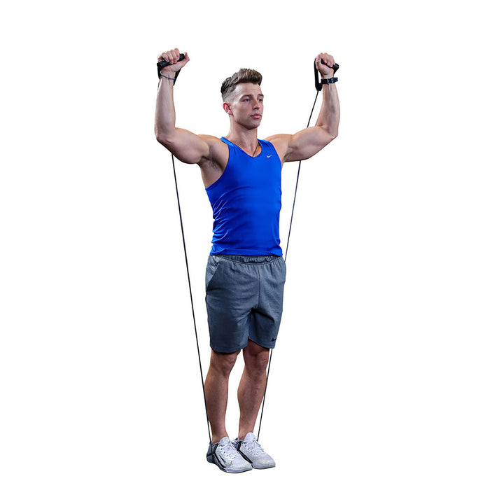 Man performing a standing overhead exercise with a Body-Solid resistance tube